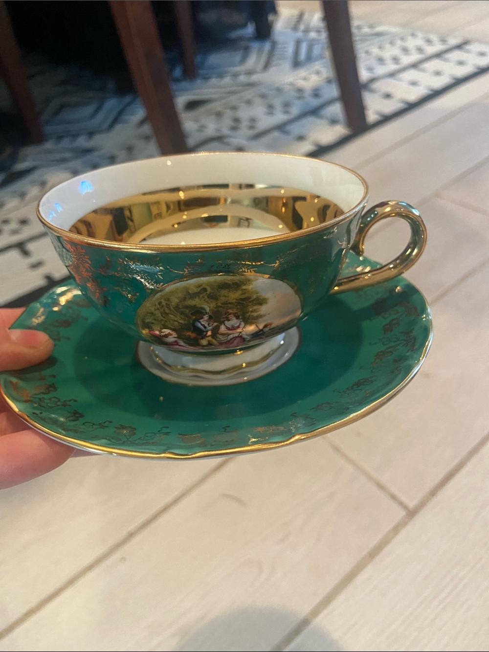 Luxury Emerald Green Porcelain Teacup and Saucer with Gold Trim